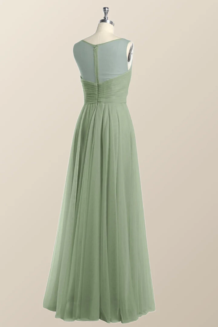 Sage Green V Neck A-line Long Bridesmaid Dress