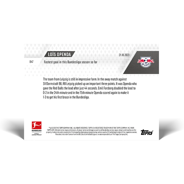 Topps UK - Loïs Openda - Fastest goal in this Bundesliga season so far - Bundesliga TOPPS NOW® Card #47