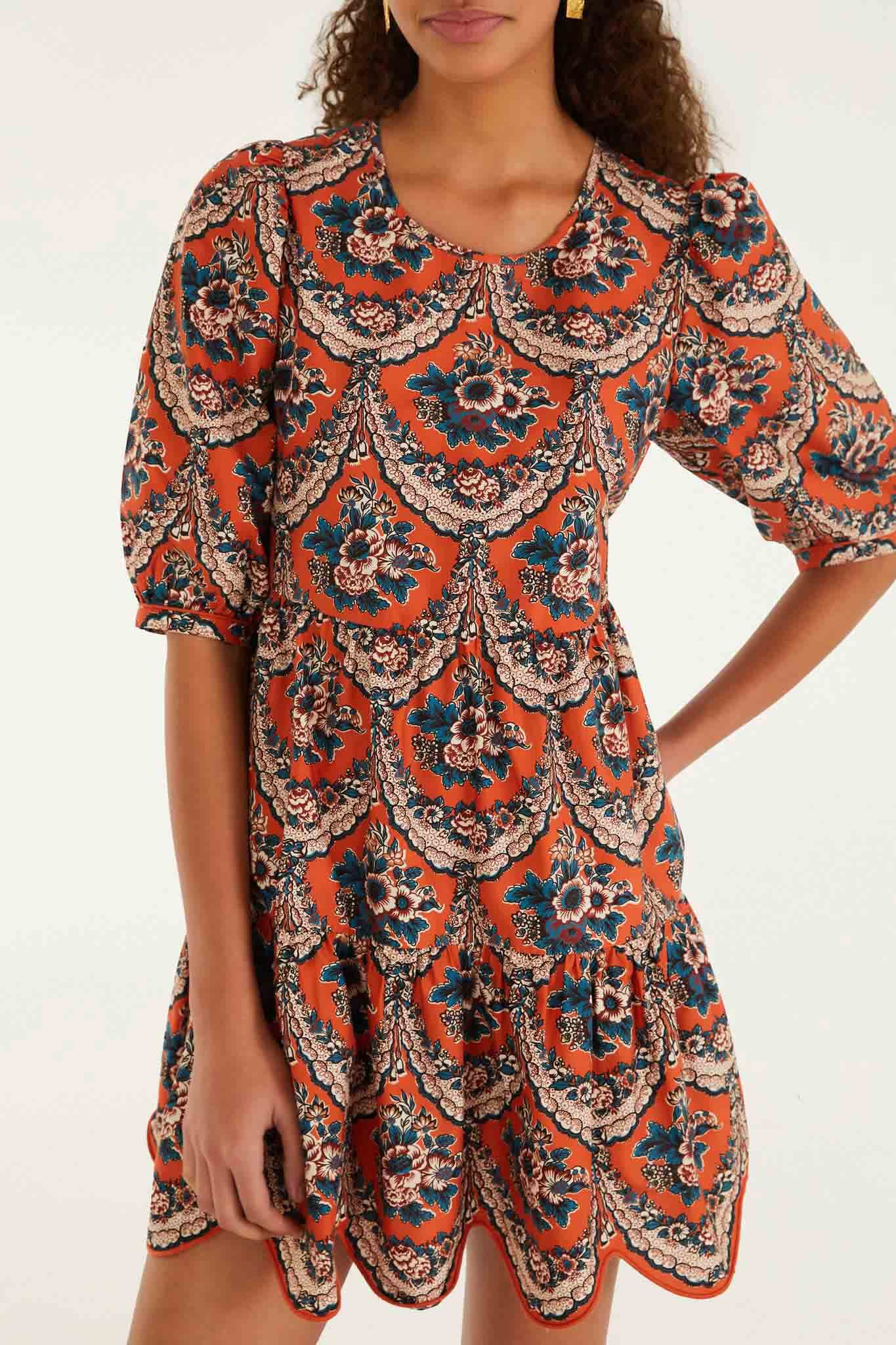 Terracotta Victorian Floral Puff Sleeve Mini Dress