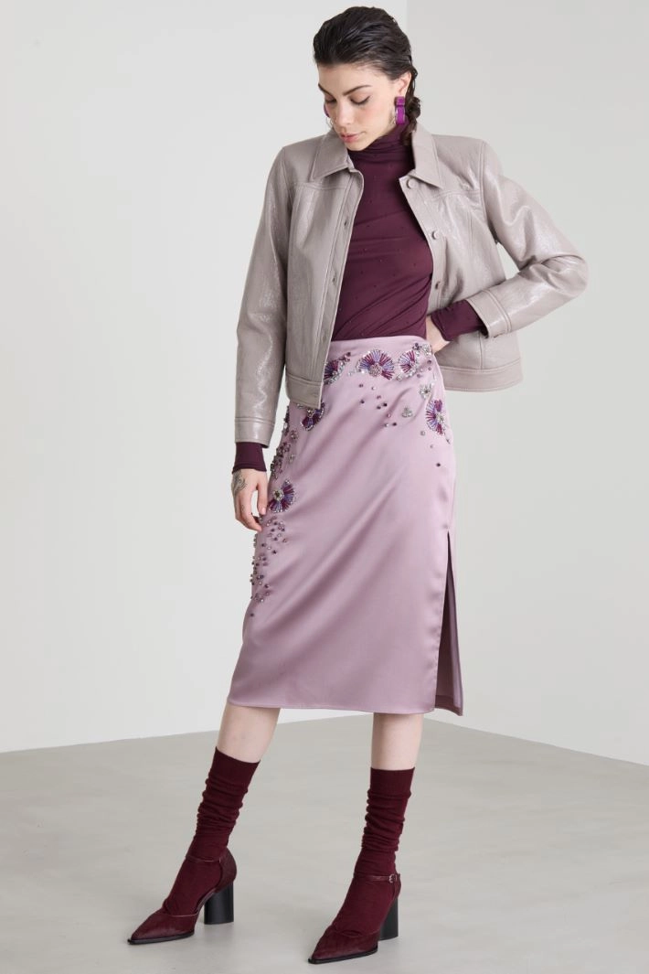 Satin skirt with rhinestone embroidery - LILAC