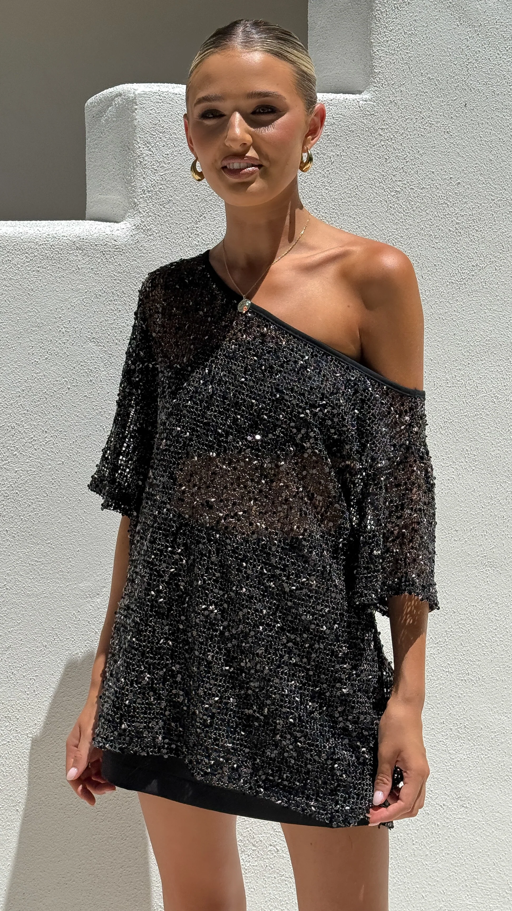 Zinnie Sequins Off Shoulder Top - Black