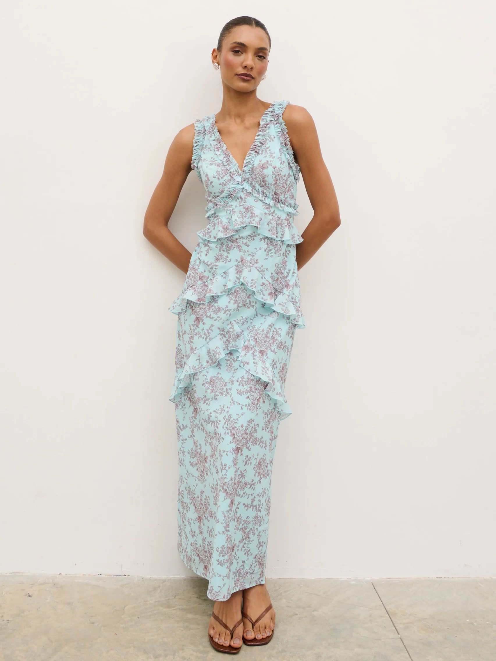 Aurelia Ruffle Maxi Dress - Seaspray and Brown Floral