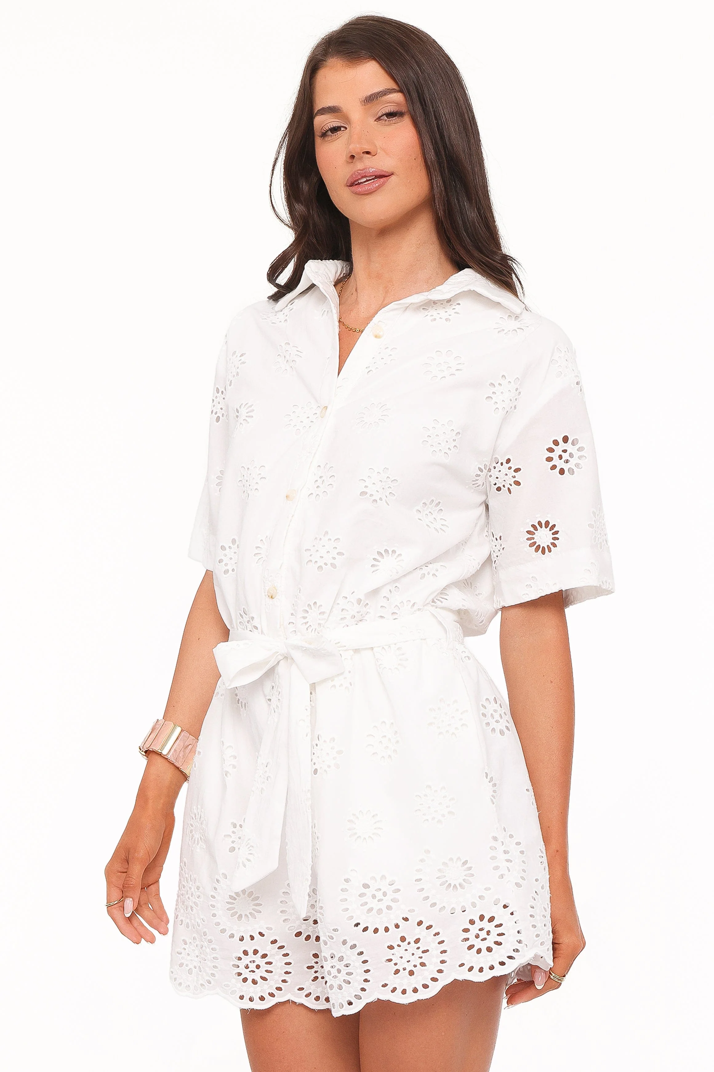 Jamie Tie Front Romper - White Broderie