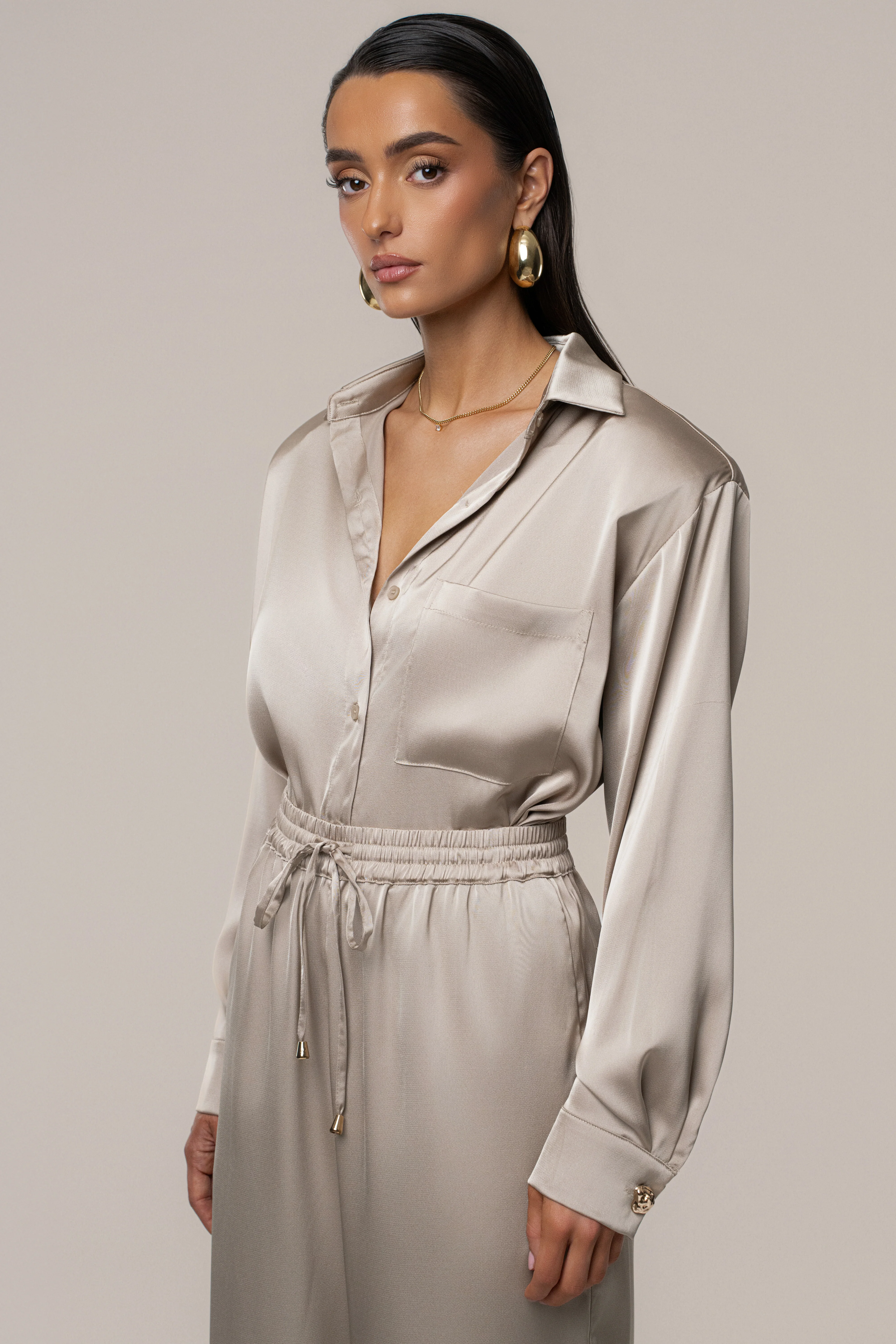 Beige Island Ease Collared Satin Top