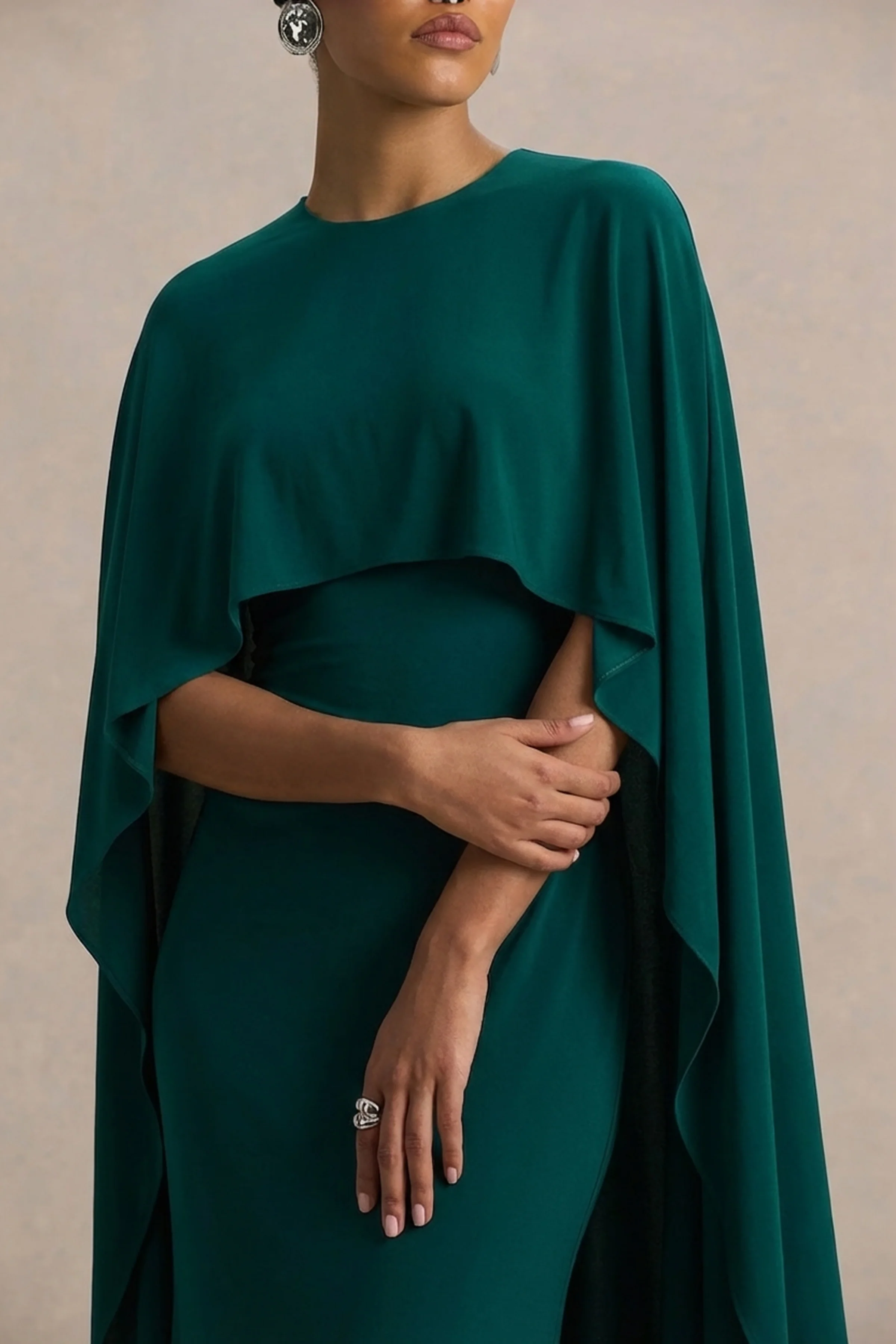 Padma | Bottle Green Draped Maxi Dress With Cape Sleeves