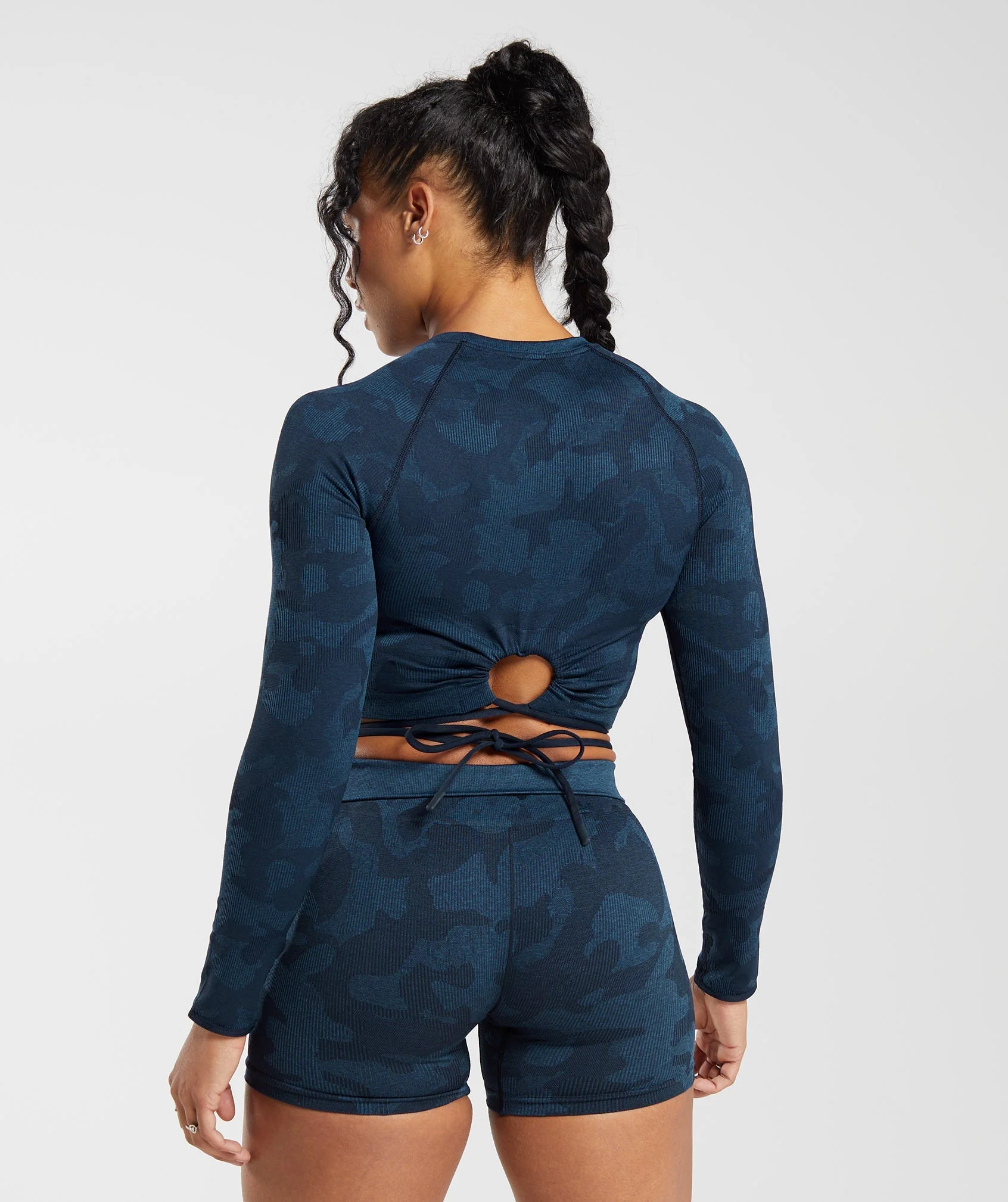 Adapt Camo Seamless Ribbed Long Sleeve Crop Top Midnight Blue/Ash Blue