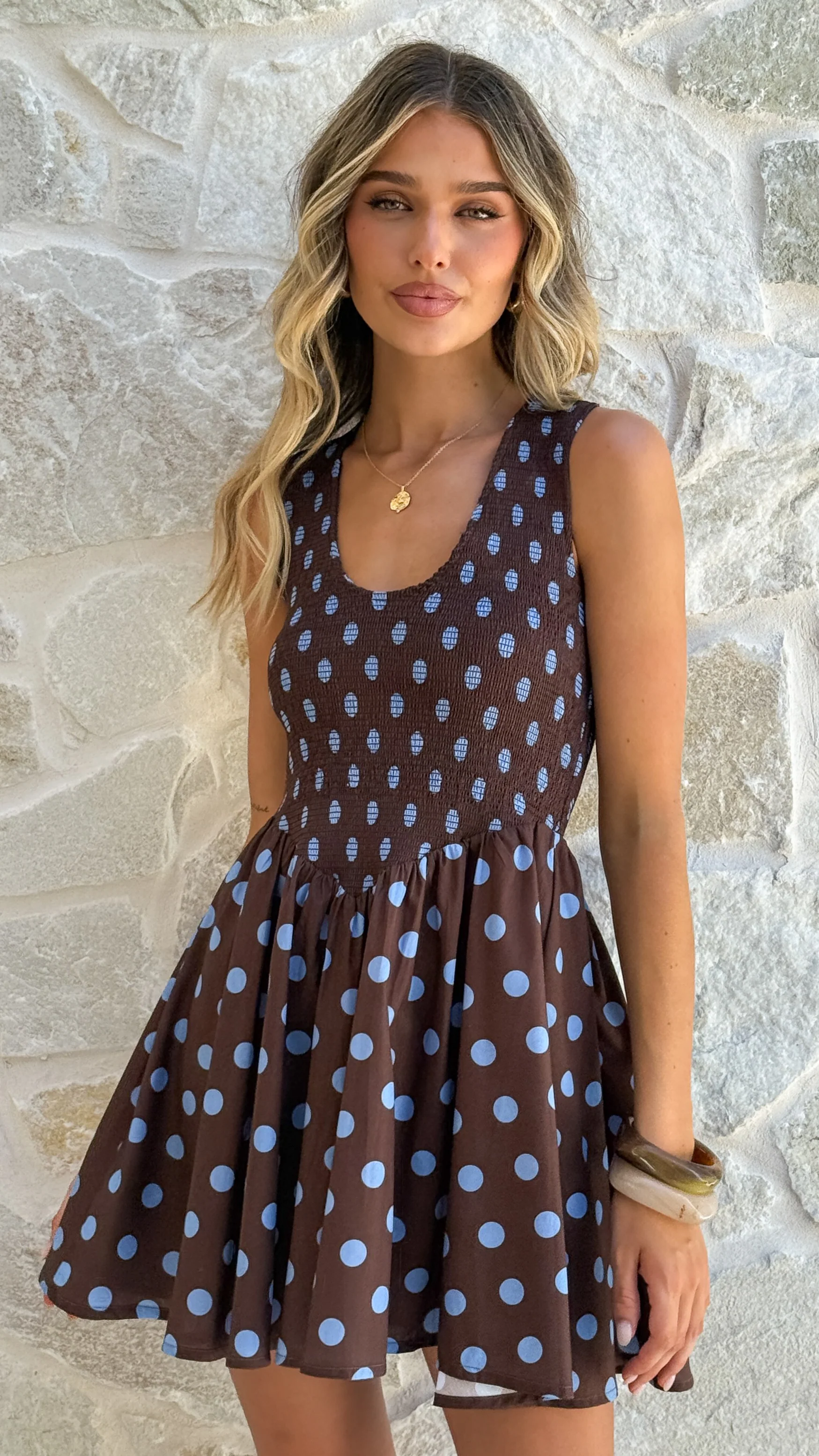 Amira Mini Dress - Choc/Blue Polka
