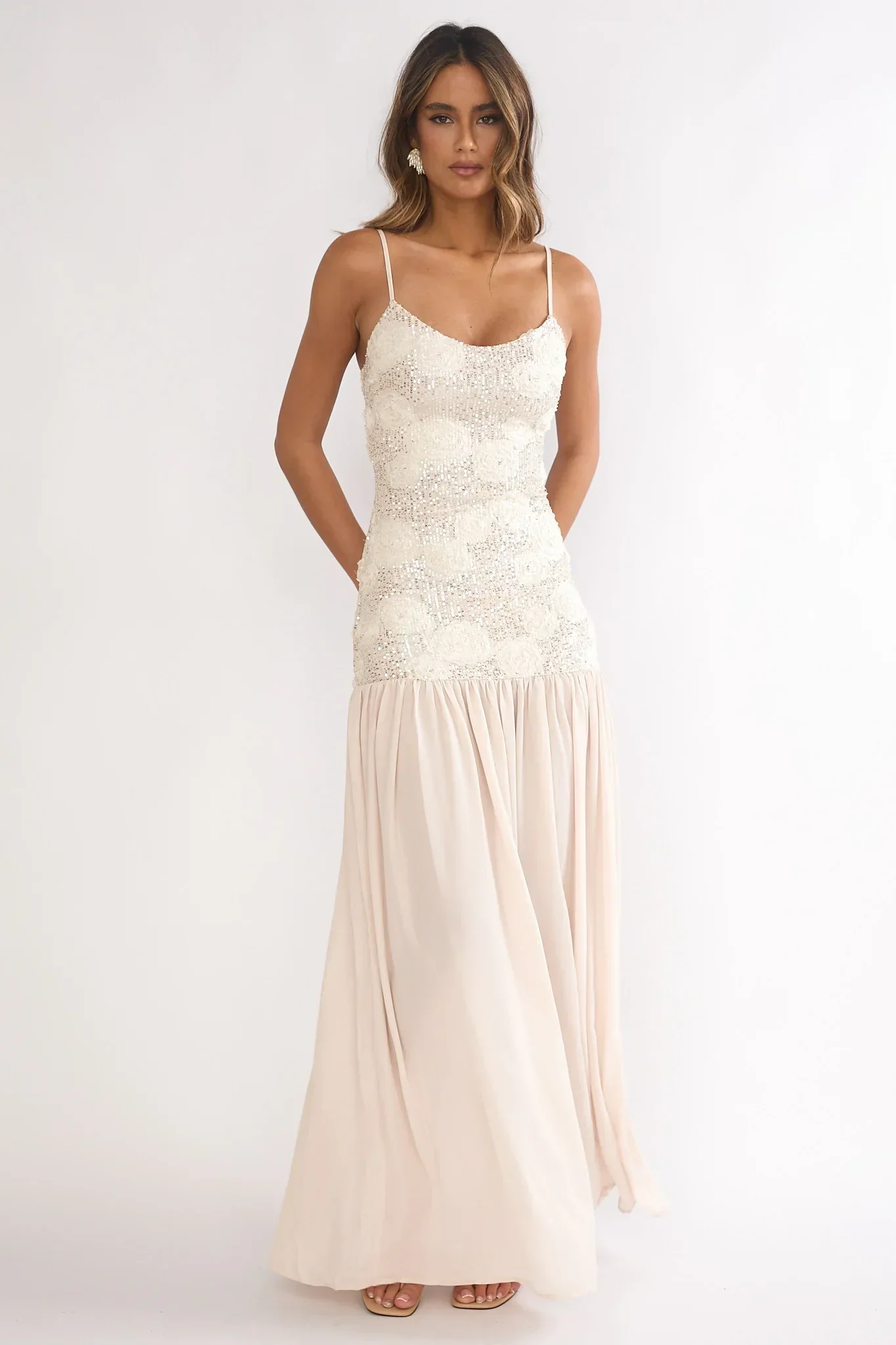 Opheliane Drop Waist Sequin Maxi Dress Champagne