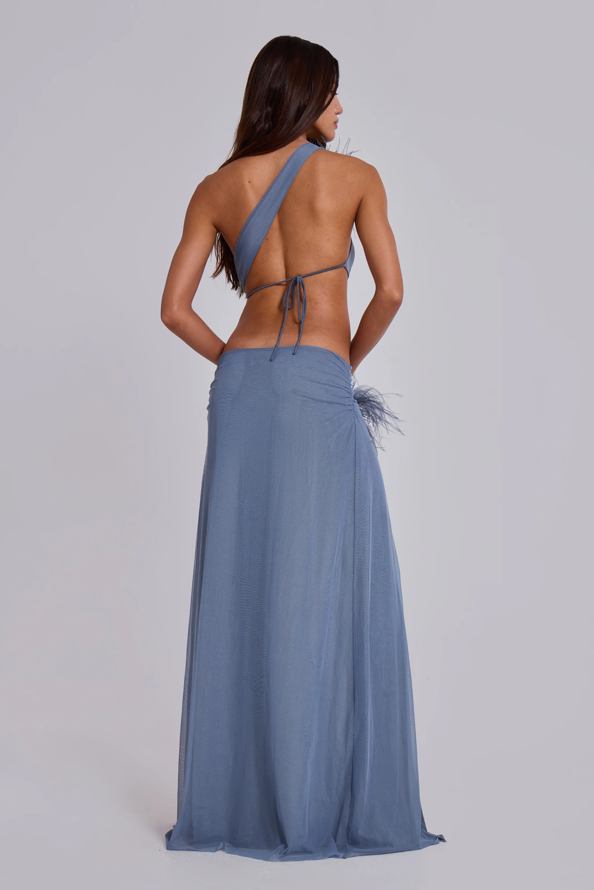 Noctelle Cut Out Maxi Dress with Feathers