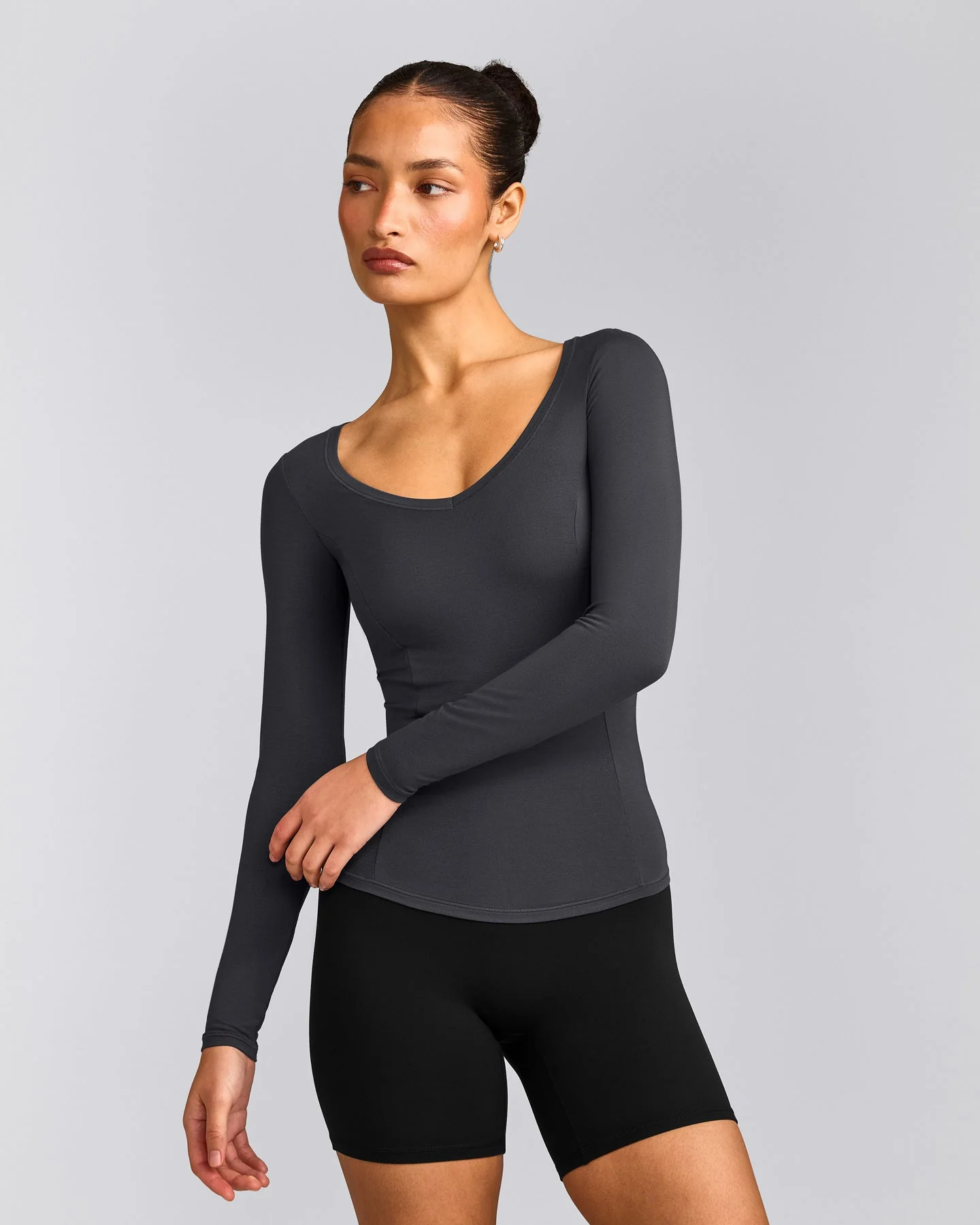 Mellow™ Motion Wide V Neck Long Sleeve Top | Coal