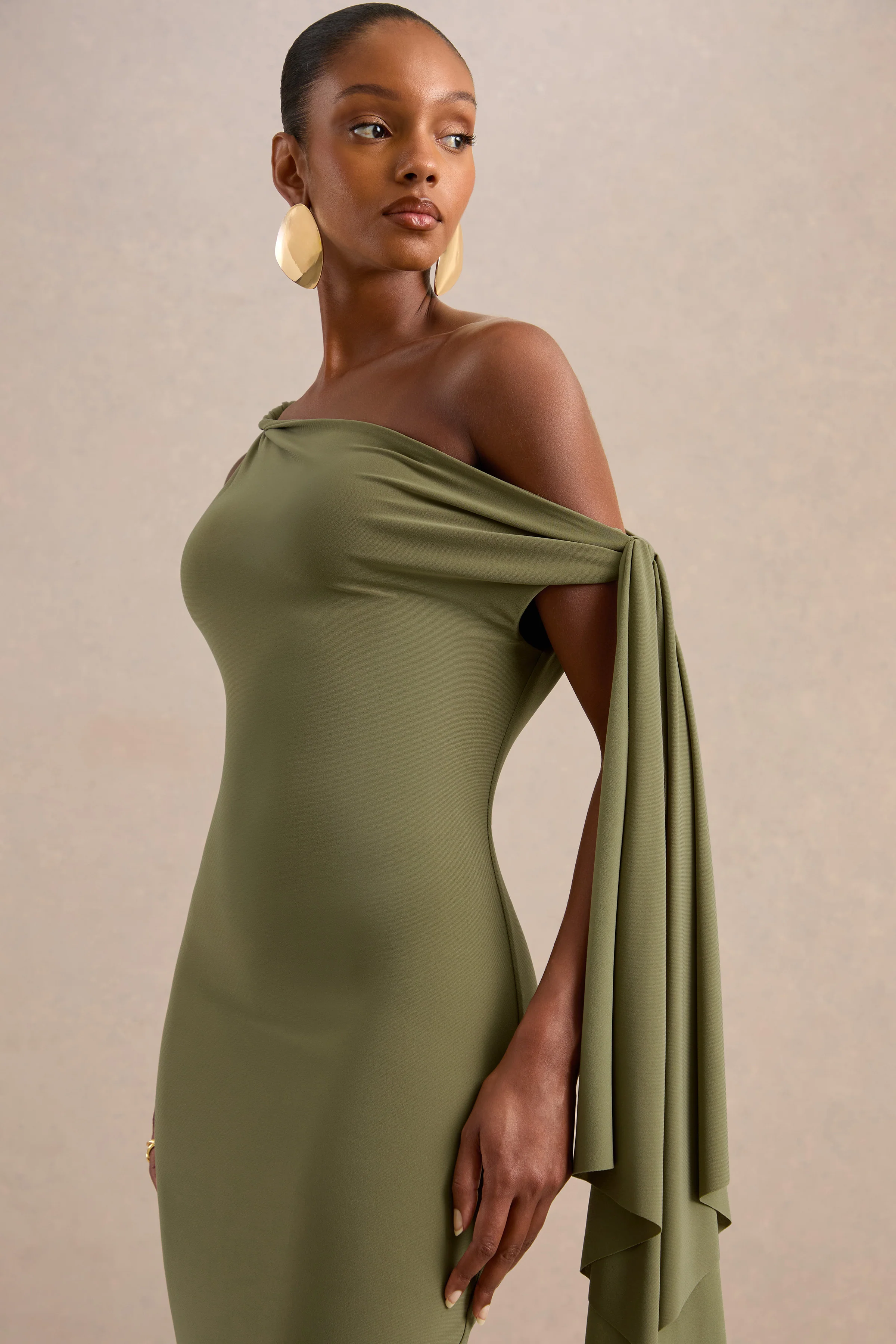 Arcelia | Olive Jersey One Shoulder Midi Dress With Twist And Knot Sash Detailing