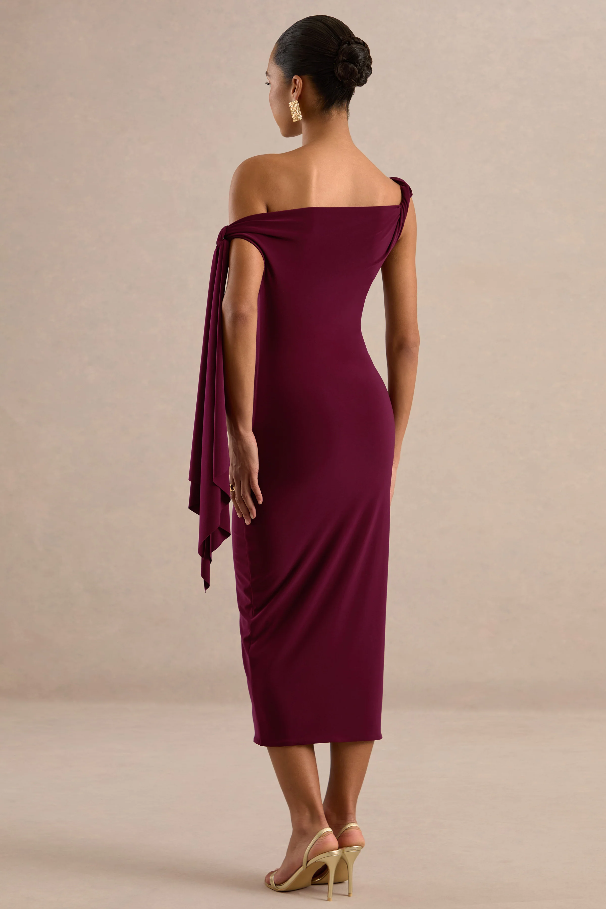 Arcelia | Burgundy Jersey One Shoulder Midi Dress With Twist And Knot Sash Detailing
