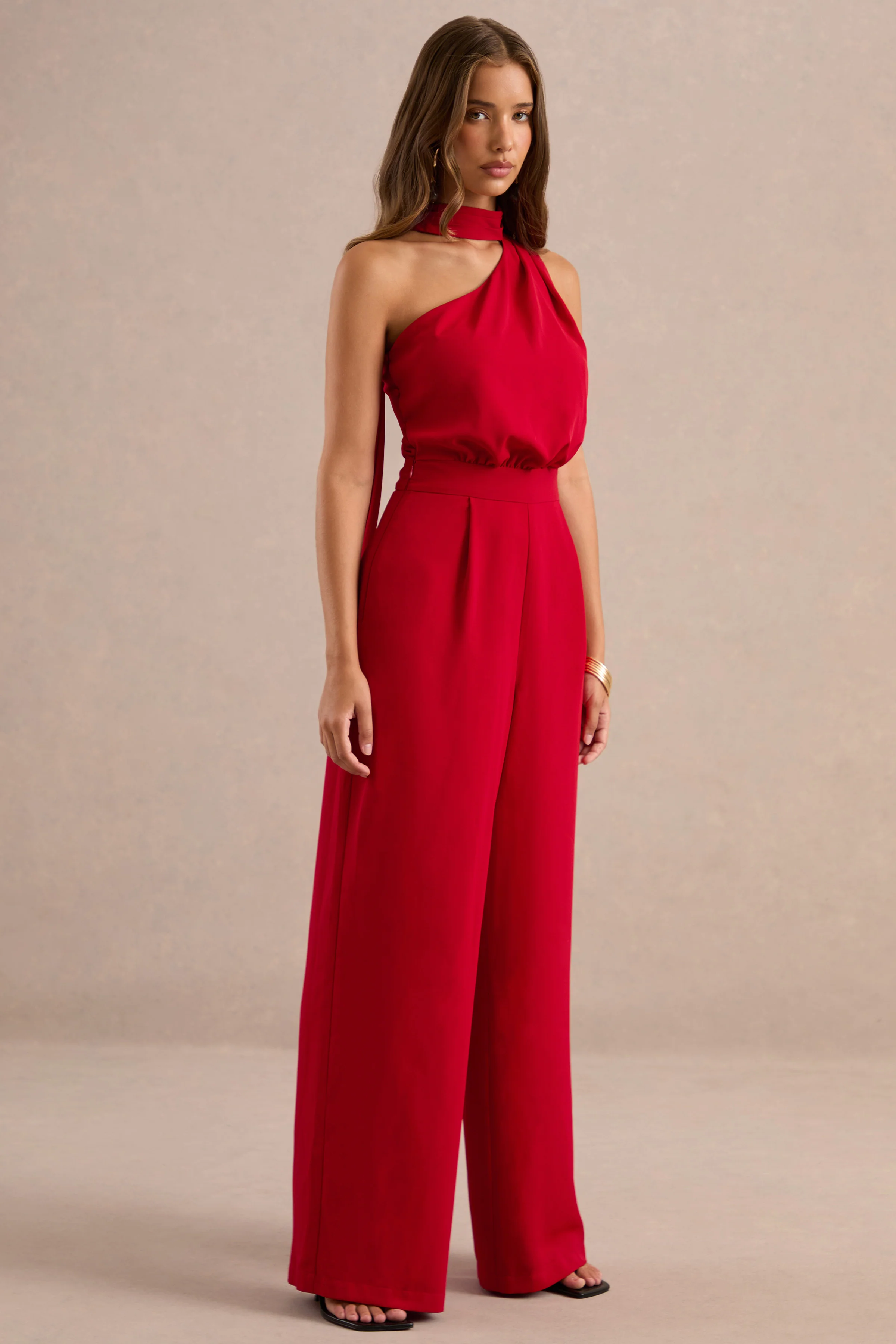 Gliselle | Red One Shoulder Jumpsuit With Scarf Detail