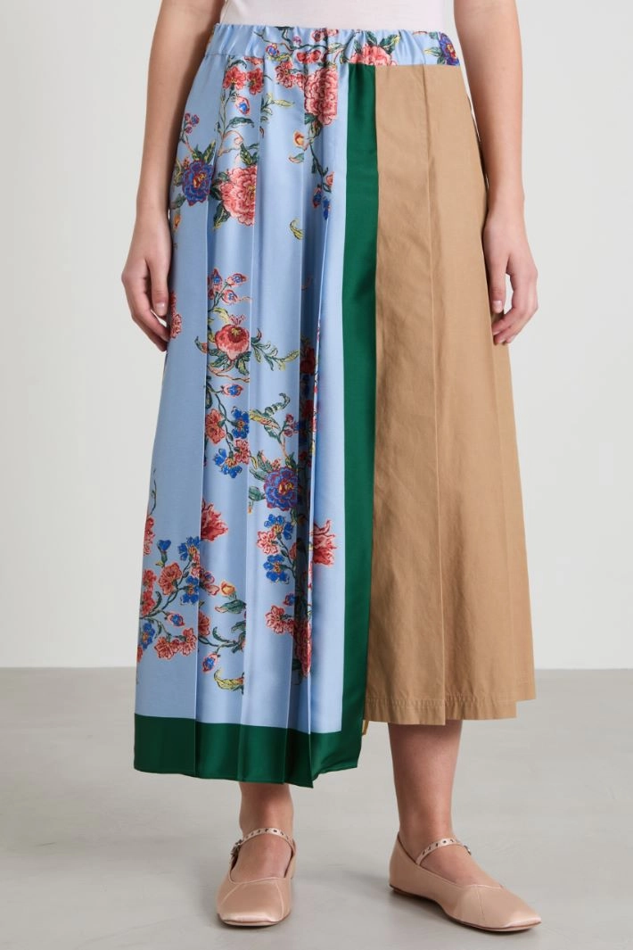 Printed canvas and twill midi skirt - BEIGE