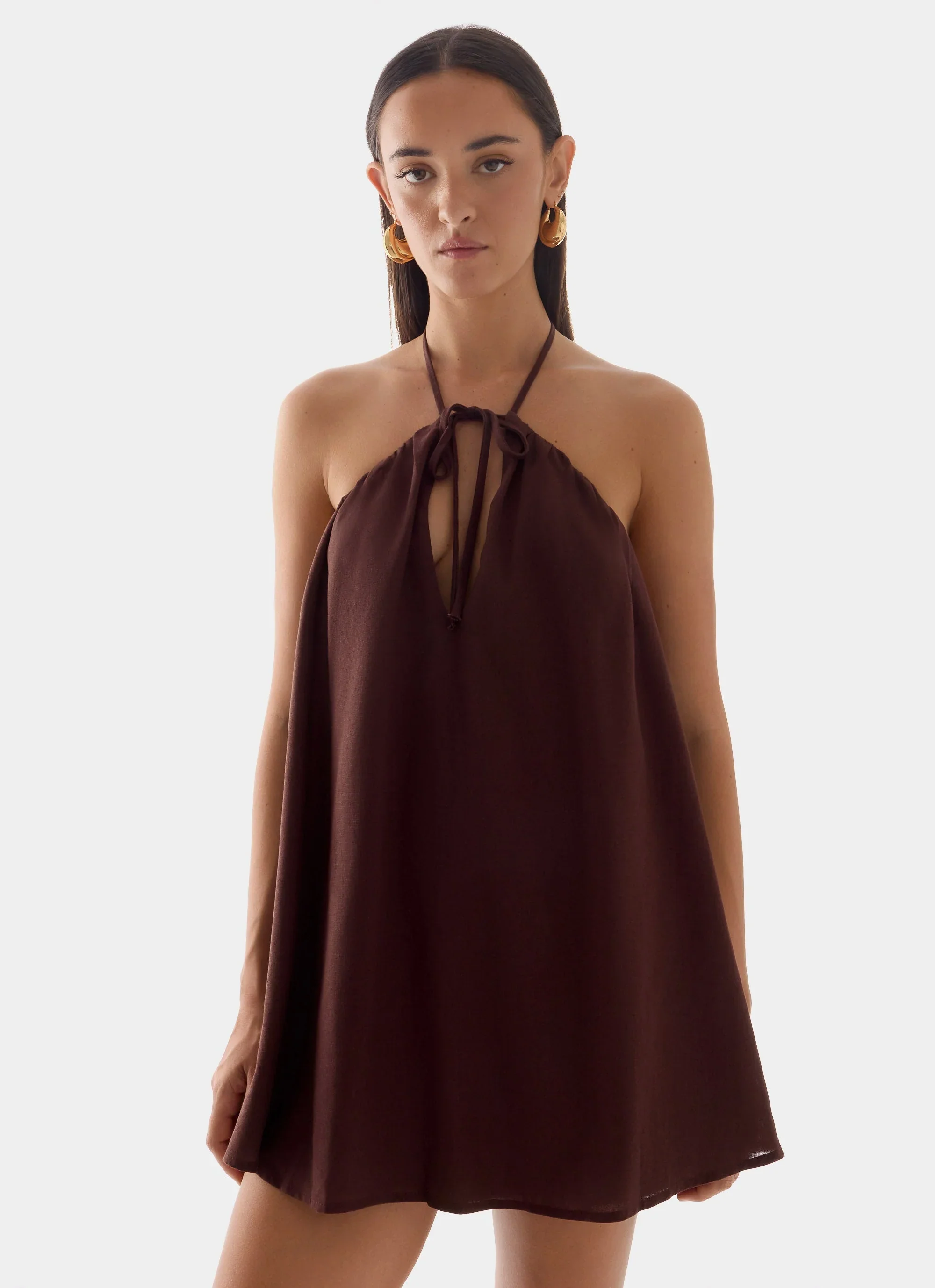 Soft Breeze Linen Mini Dress - Chocolate