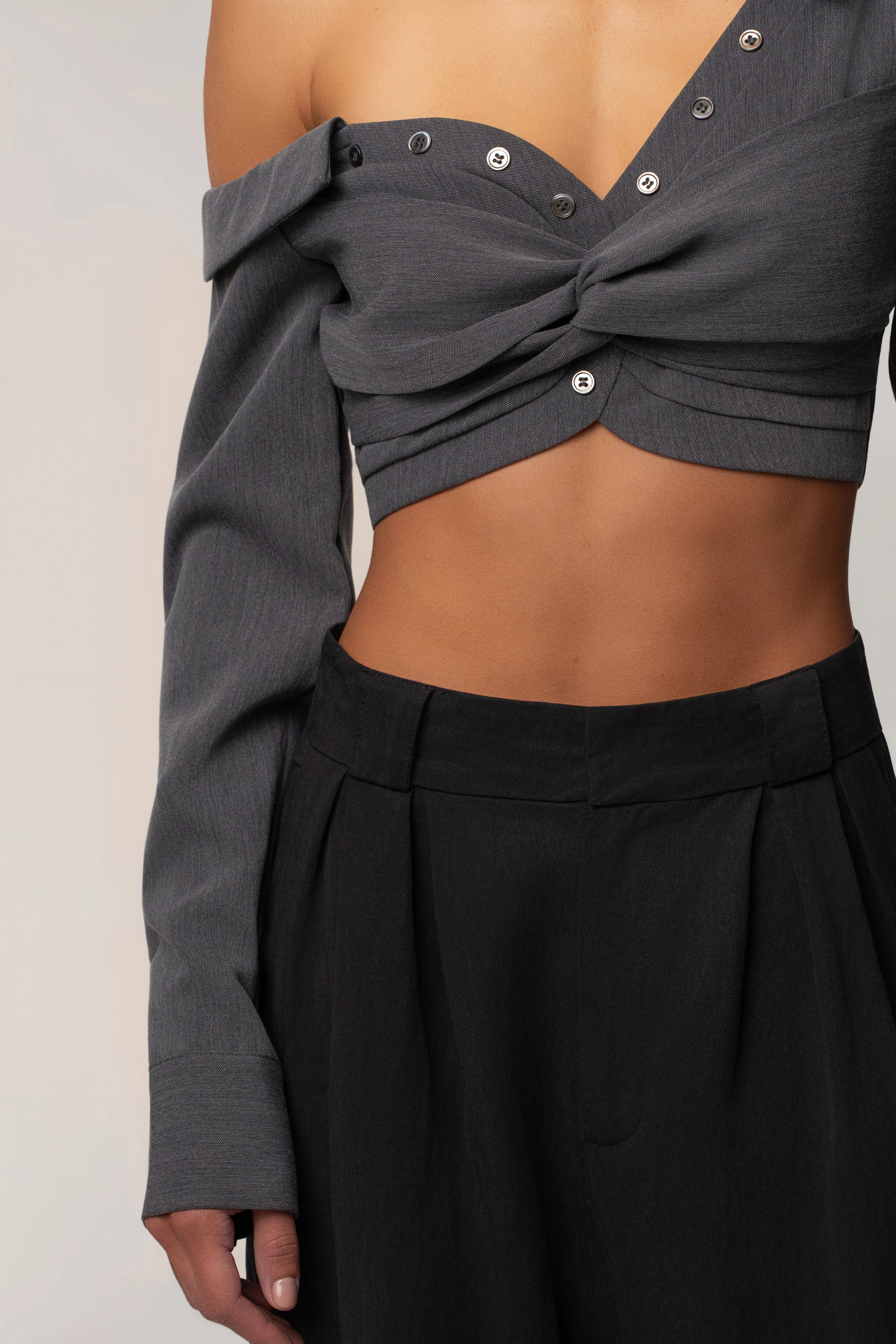 Grey Off-Shoulder Twist Crop Top