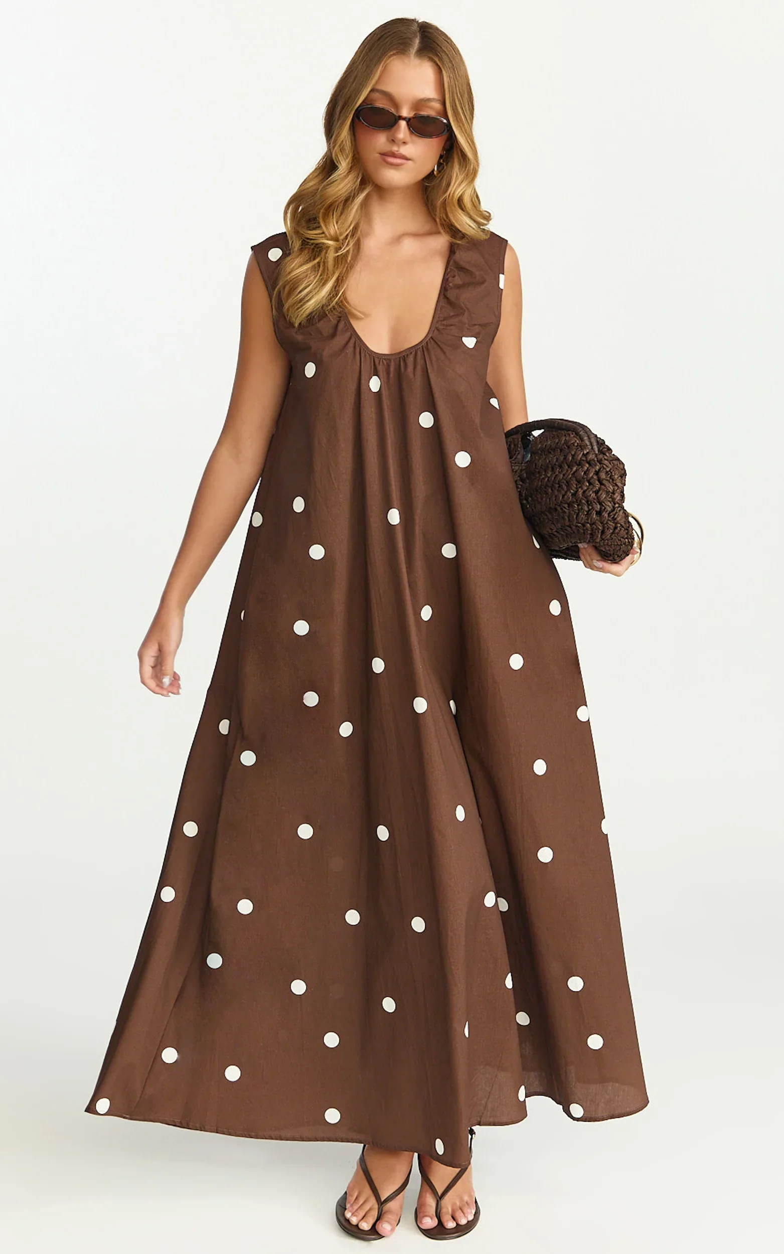 Simone Maxi Dress - U Halter Neck Linen Polkadot Dress in Chocolate