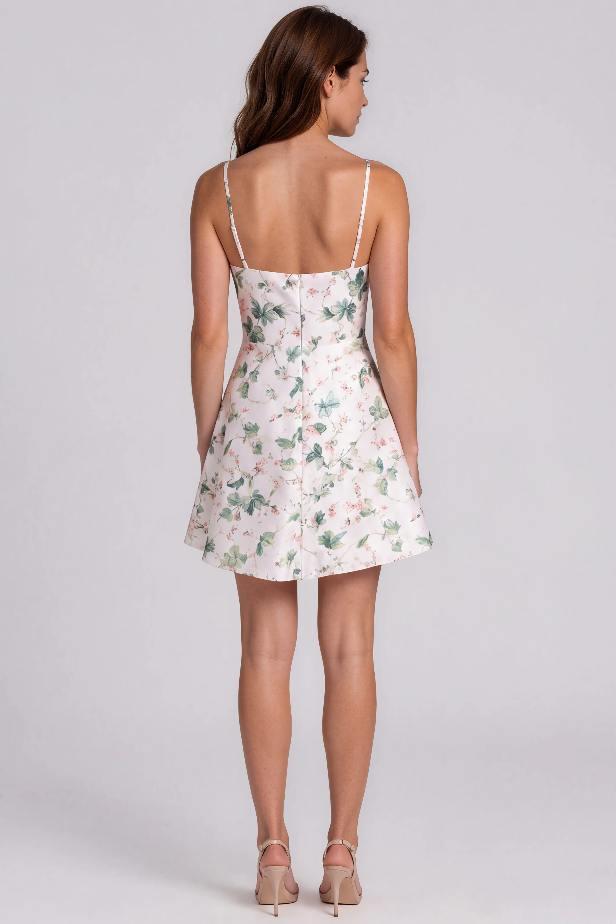 Spaghetti Strap Floral Printed Mikado A-Line Cocktail