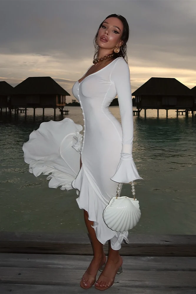 Solid Flare Sleeve Split Maxi Dress