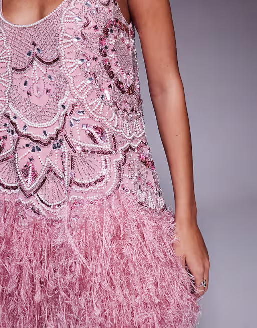 embellished scoop neck mini dress with faux feather hem in pink