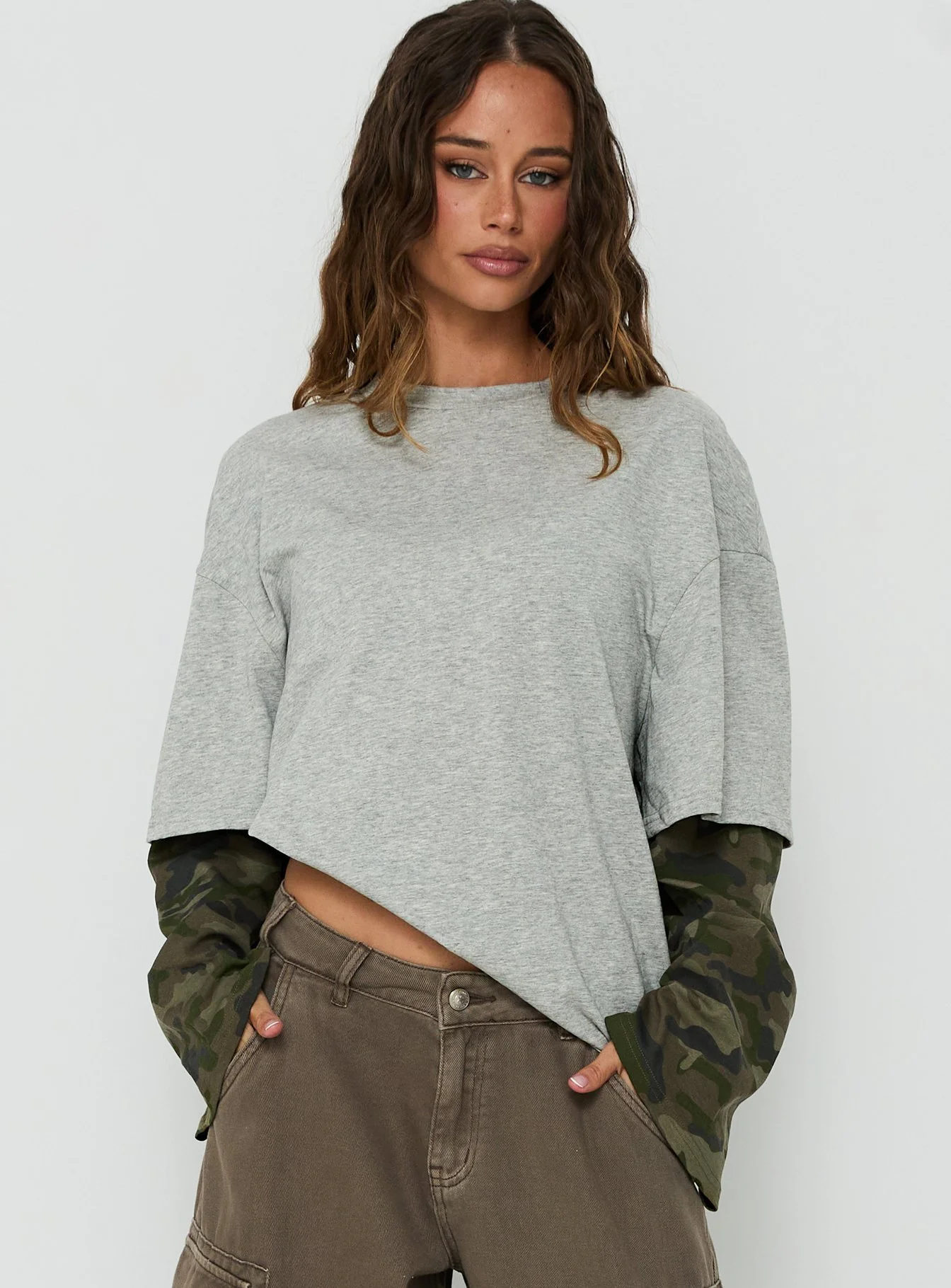 Ryann Long Sleeve Layered Top Grey / Camo