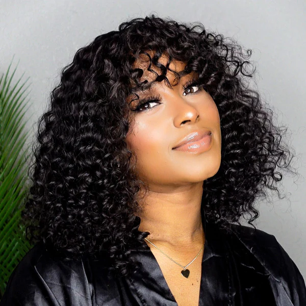 Put On & Go Water Wave No Lace Glueless Short Wig With Bangs 100% Human Hair