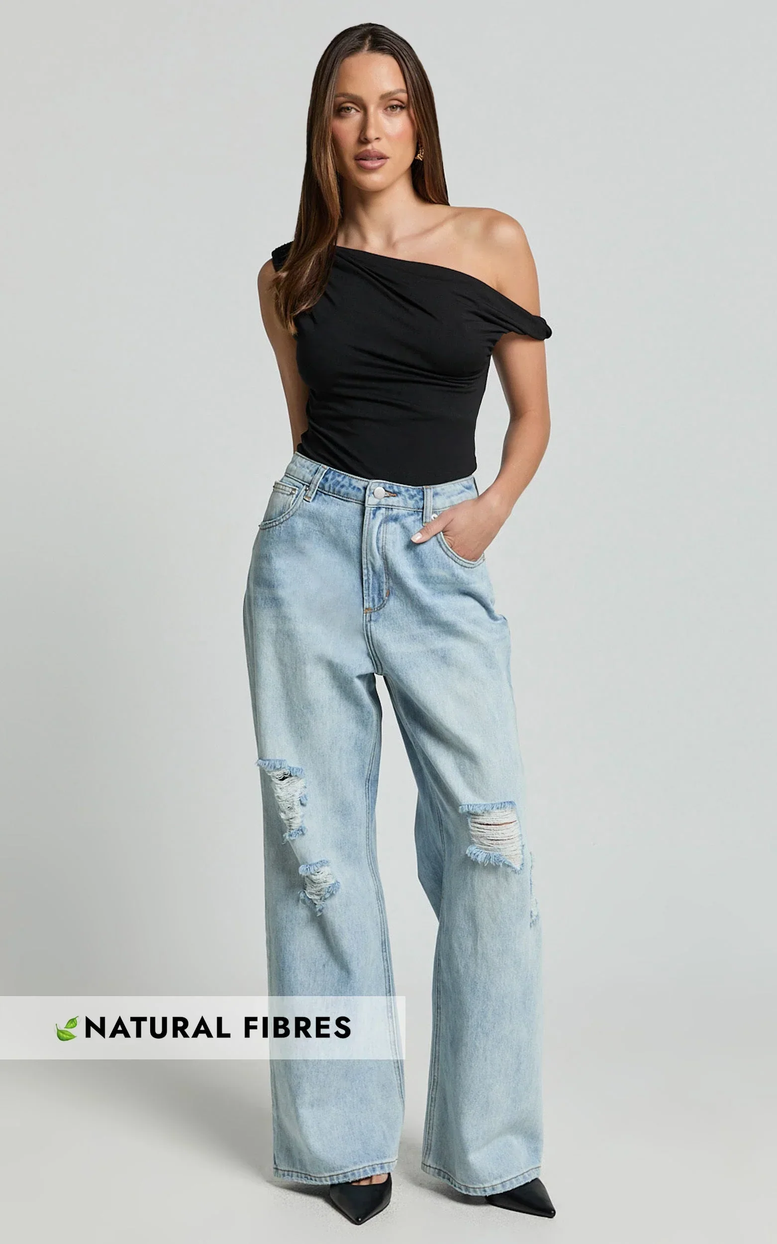 Cate Jeans - Baggy High Waist Ripped Wide Leg Recycled Denim Jeans in Light Blue Wash