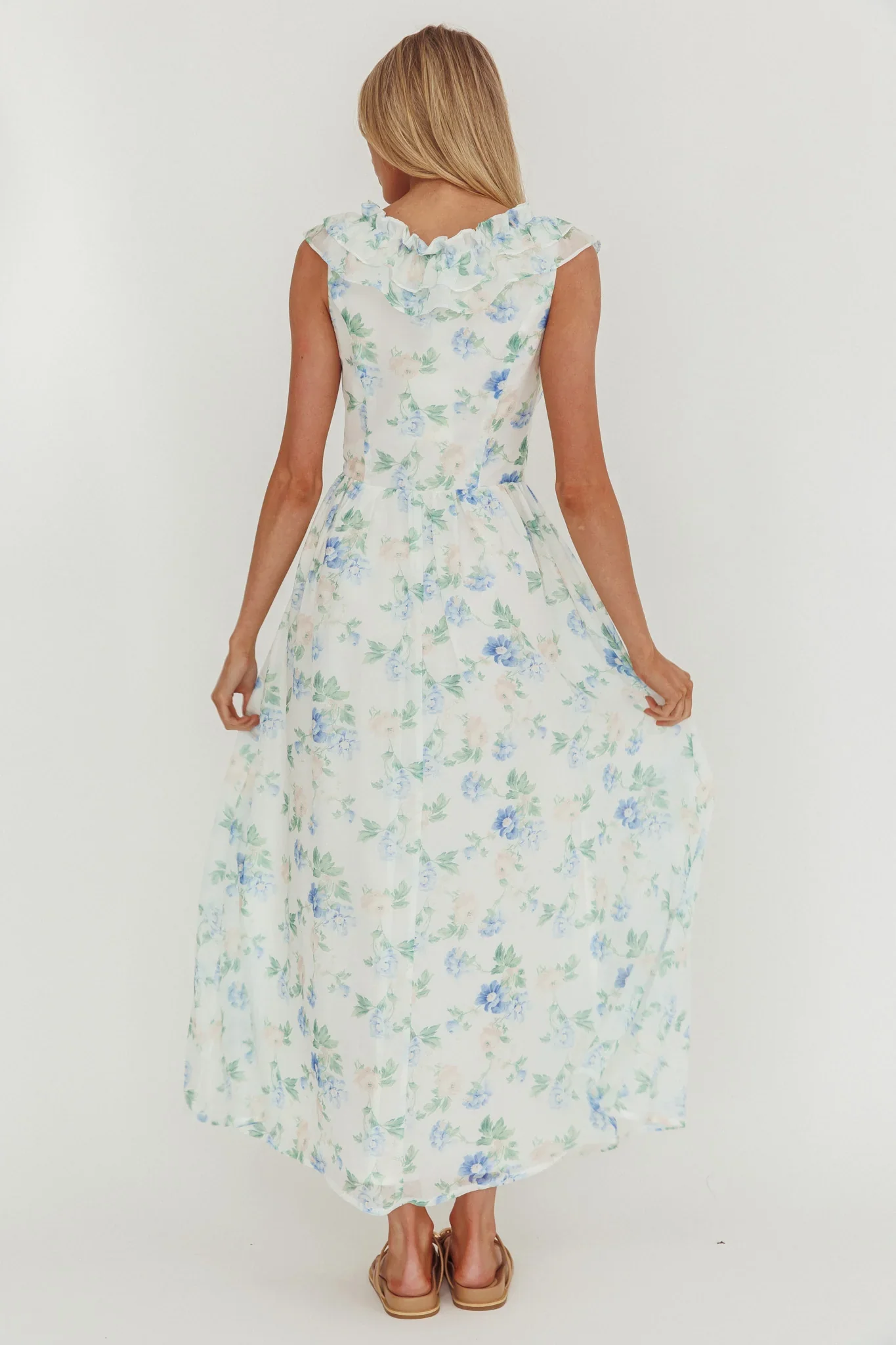 Spring Harvest Frill Neckline Maxi Dress Floral Blue