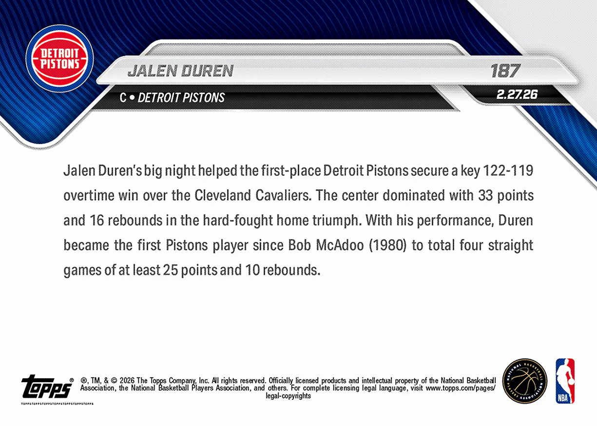 Jalen Duren - 2025-26 NBA Topps NOW® - Card 187 - PR: 570