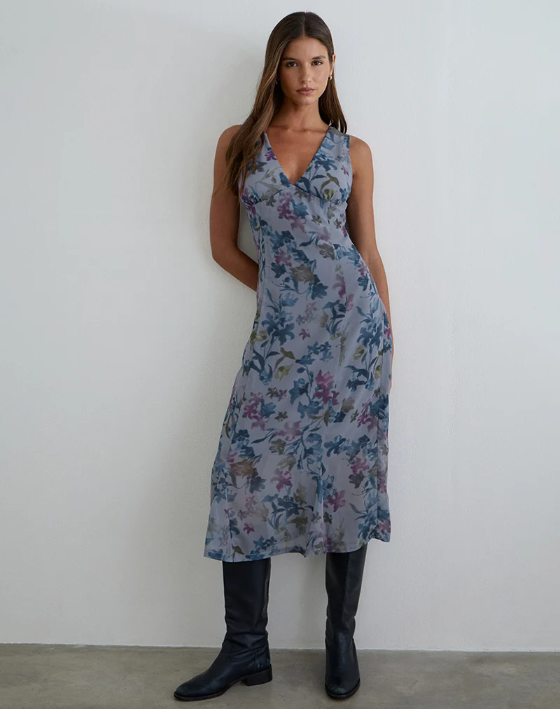 Olydia Midi Dress in Chiffon Shadow Lily Blue