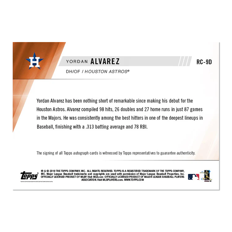 On-Card Auto # to 10 - Yordan Alvarez - MLB TOPPS NOW® Card RC009D