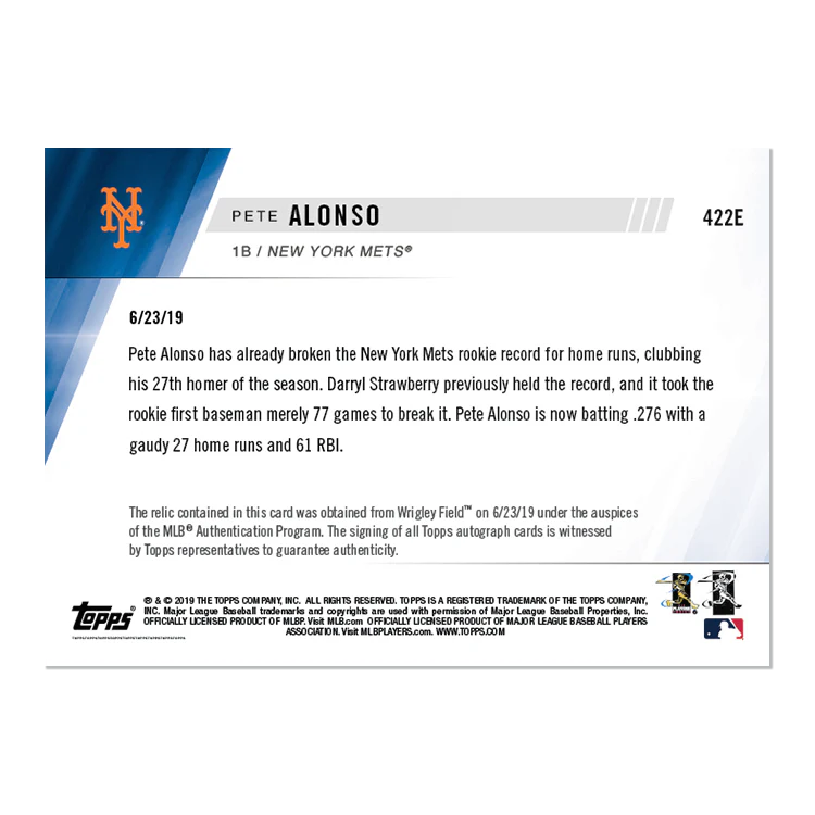 On-Card Autograph & Base Relic # to 5 - Pete Alonso - MLB TOPPS NOW® Card 422E