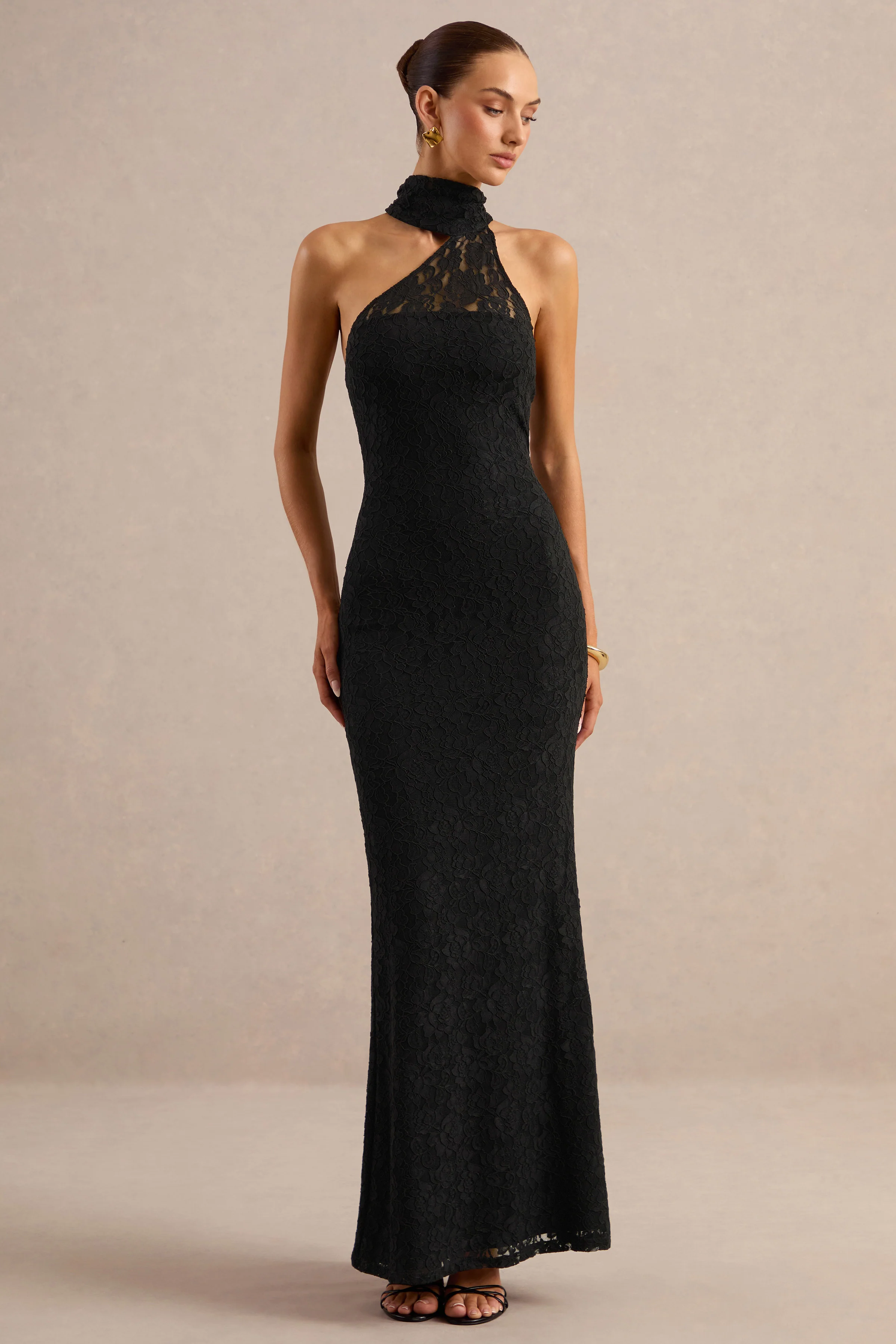 Almaria | Black Lace Asymmetric-Neck Maxi Dress With Collar-Detail