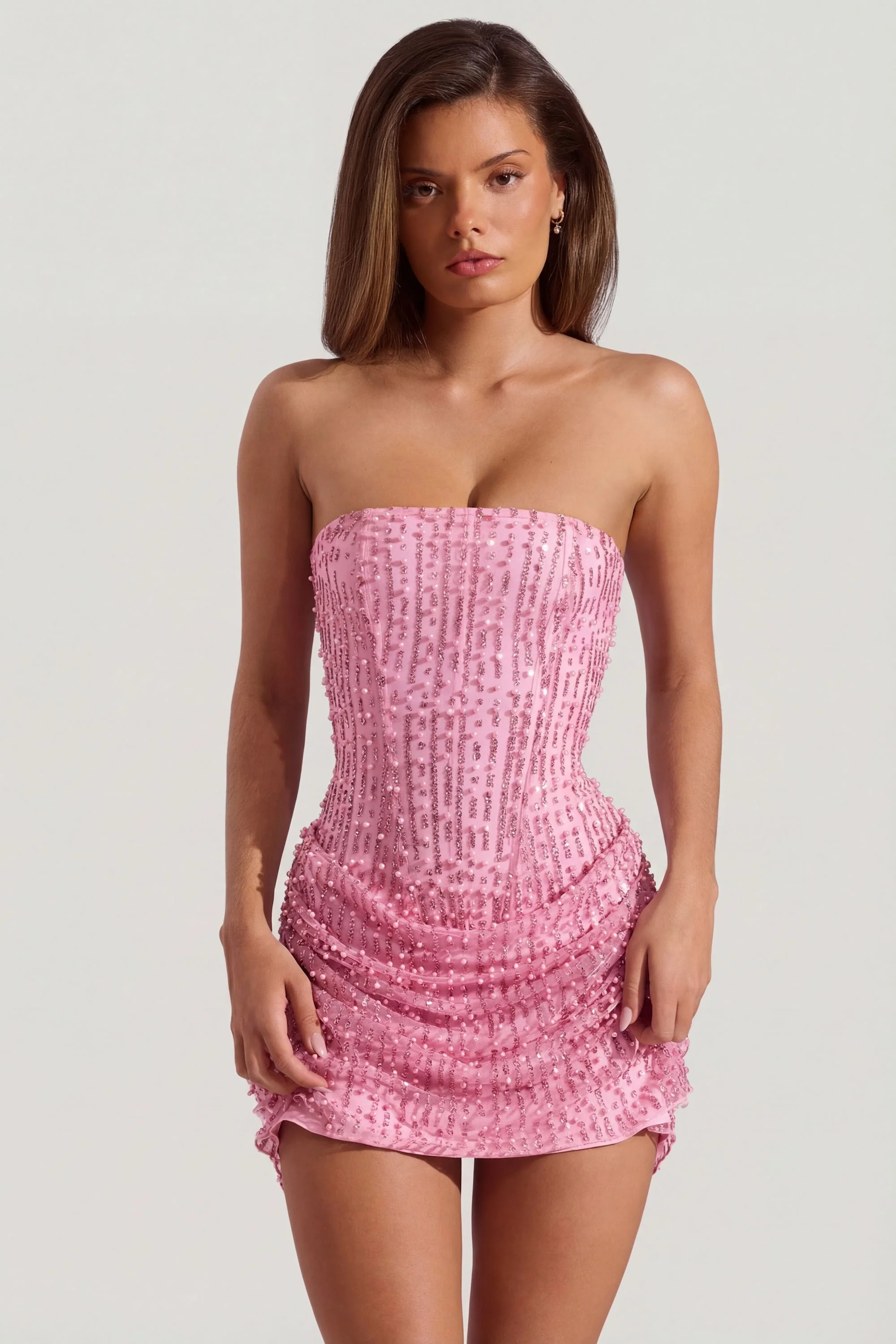 Embellished Draped Strapless A-Line Mini Dress in Pink