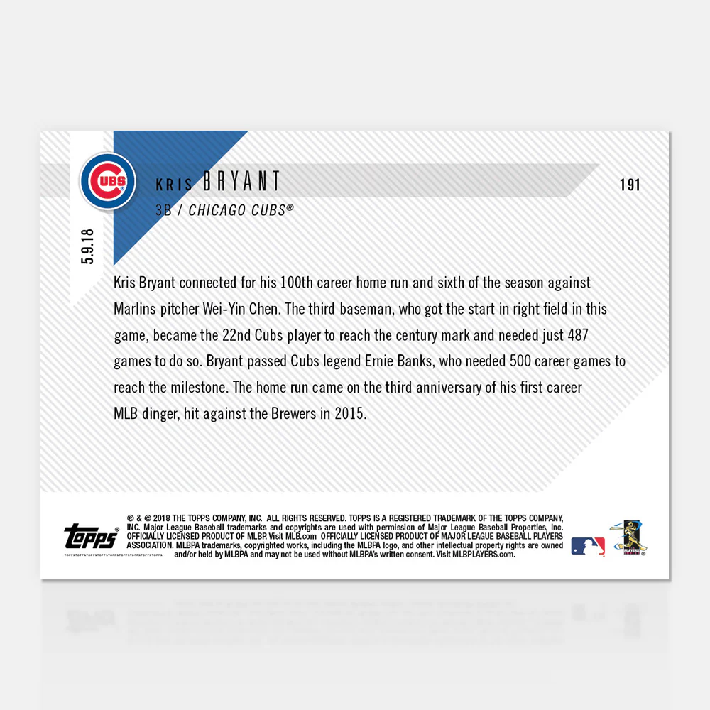 Kris Bryant - 05/09/2018 TOPPS NOW® Card 191 - Print Run: 1264