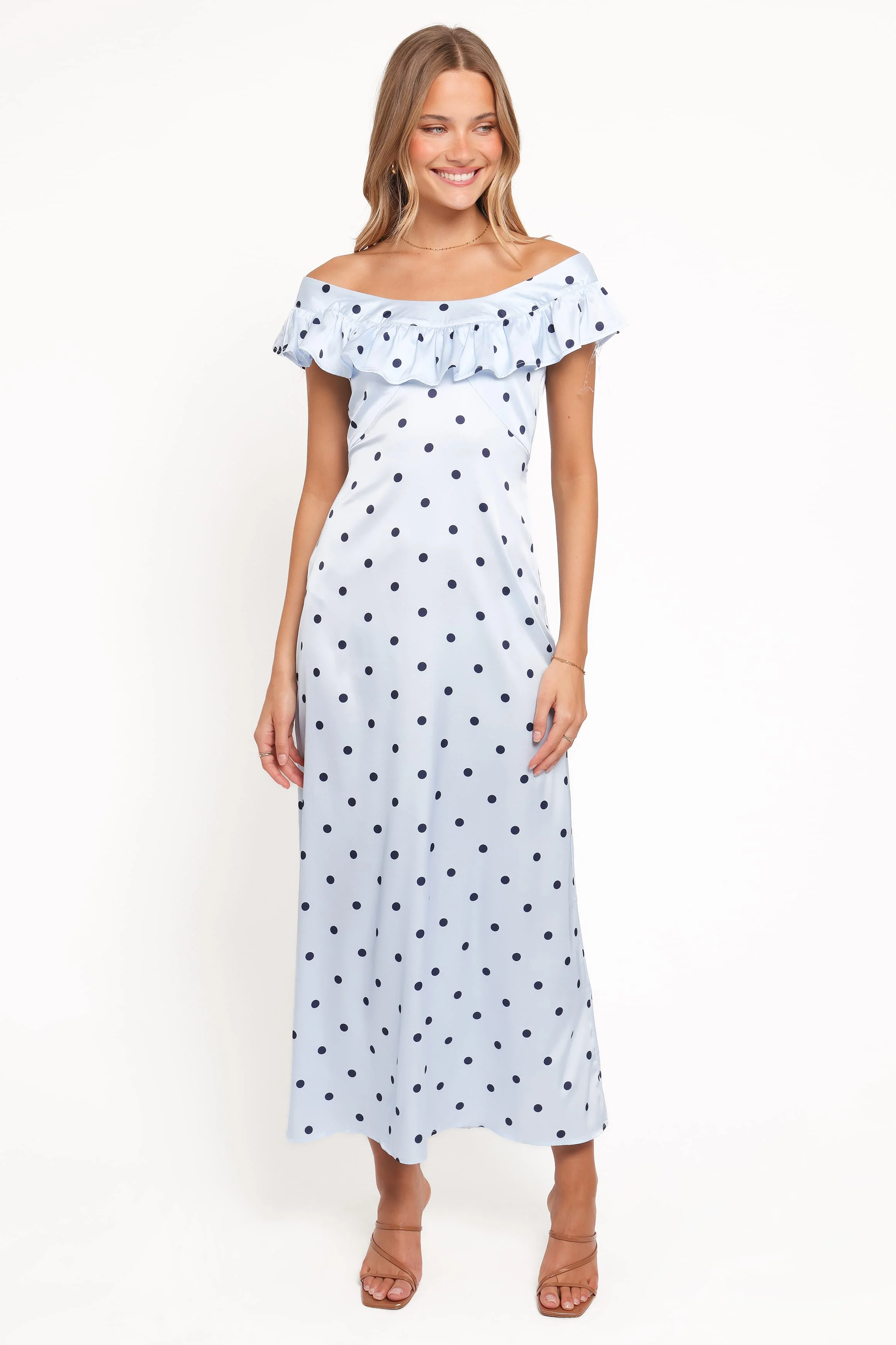 Manaris Off Shoulder Maxi Dress - Blue Polka Dot