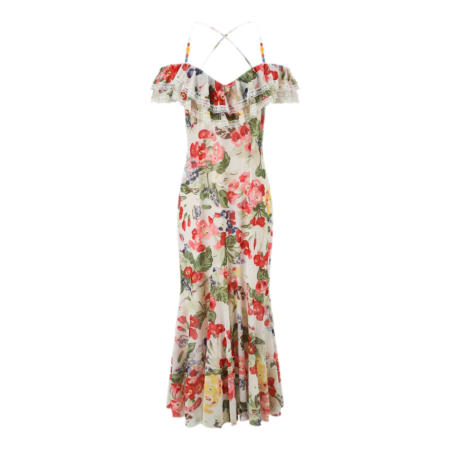 Floral Ruffle Mesh Maxi Dress