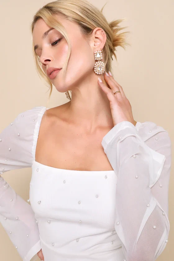 Flirty Luxury Light Pink Mesh Pearl Long Sleeve Mini Dress