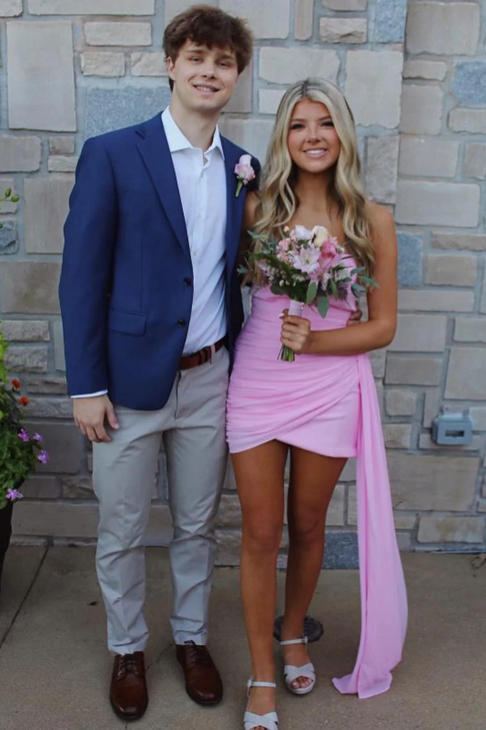 Strapless Pink Ruched Tight Short Dress