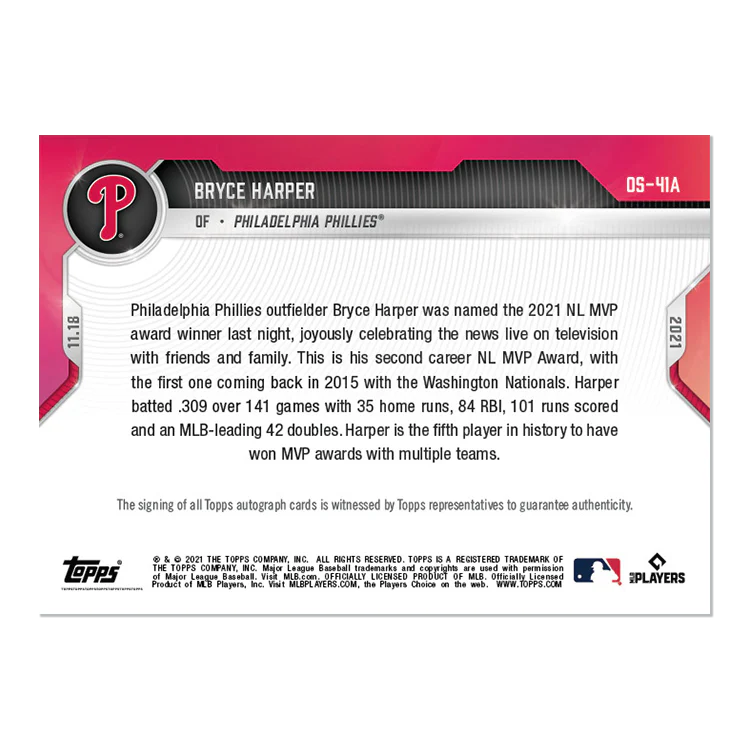 On-Card Auto # to 99 - Bryce Harper - 2021 MLB TOPPS NOW® Card OS-41A