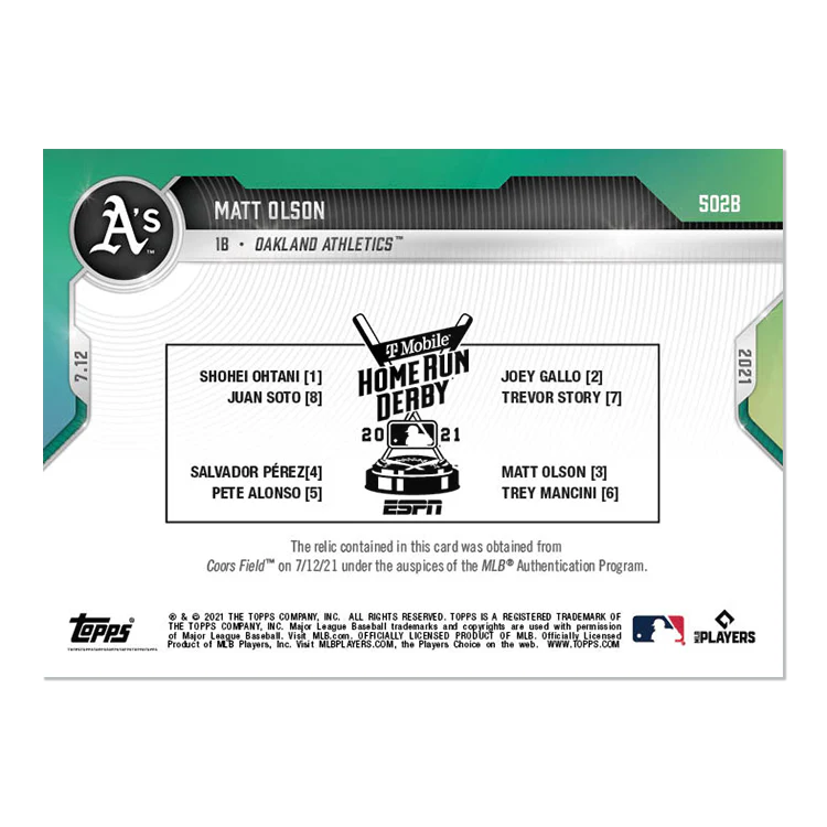 Home Run Derby Ball Relic # to 5 - Matt Olson - 2021 MLB TOPPS NOW® Card 502B