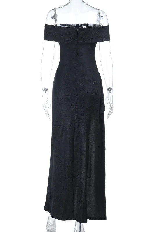 Black Folded Off the Shoulder Black Frill Dress