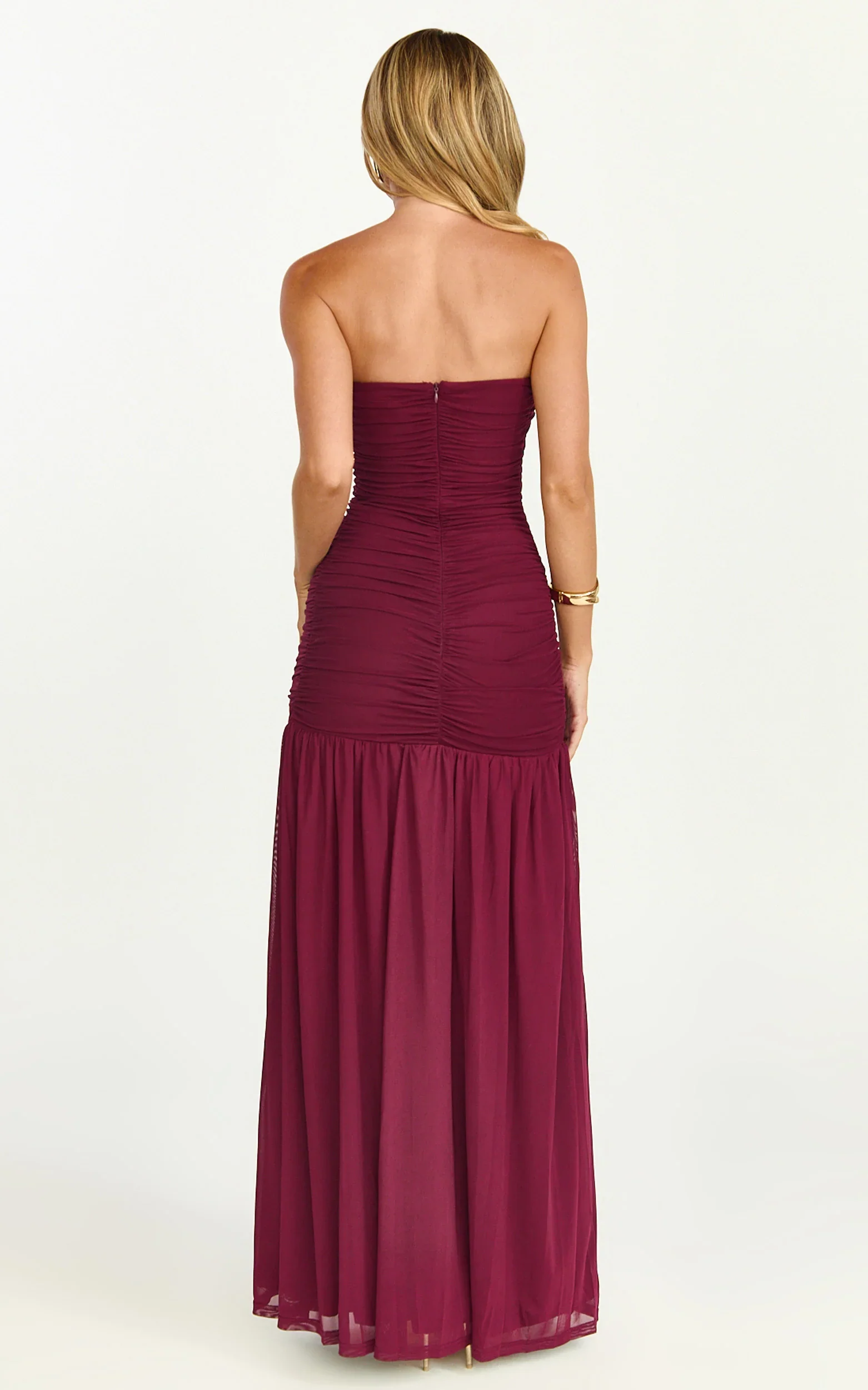 Lara Maxi Dress - Strapless Ruched Mesh High Leg Split Dress in Wine