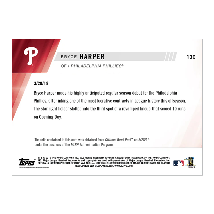 Game-Used Base Relic # to 5 - Bryce Harper - MLB TOPPS NOW® Card 13C
