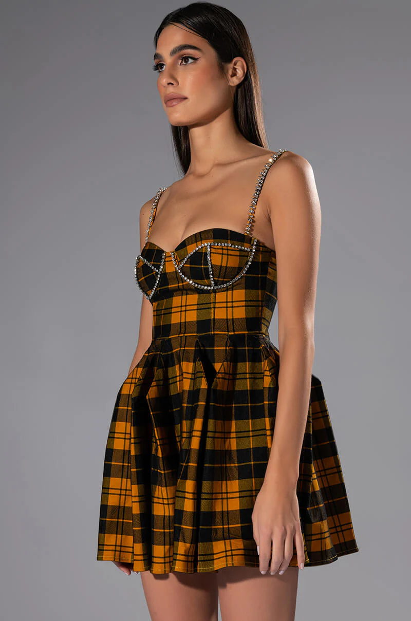 Iggy Rhinestone Detail Corset Plaid Mini Dress