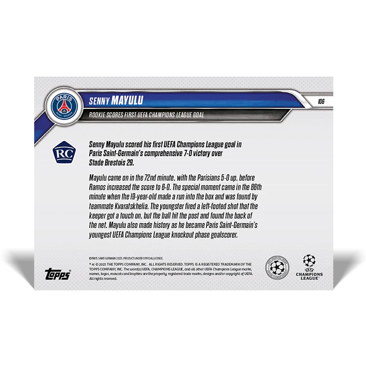 Senny Mayulu - Rookie scores first UEFA Champions League goal - 24/25 UCL Topps NOW® Card 106