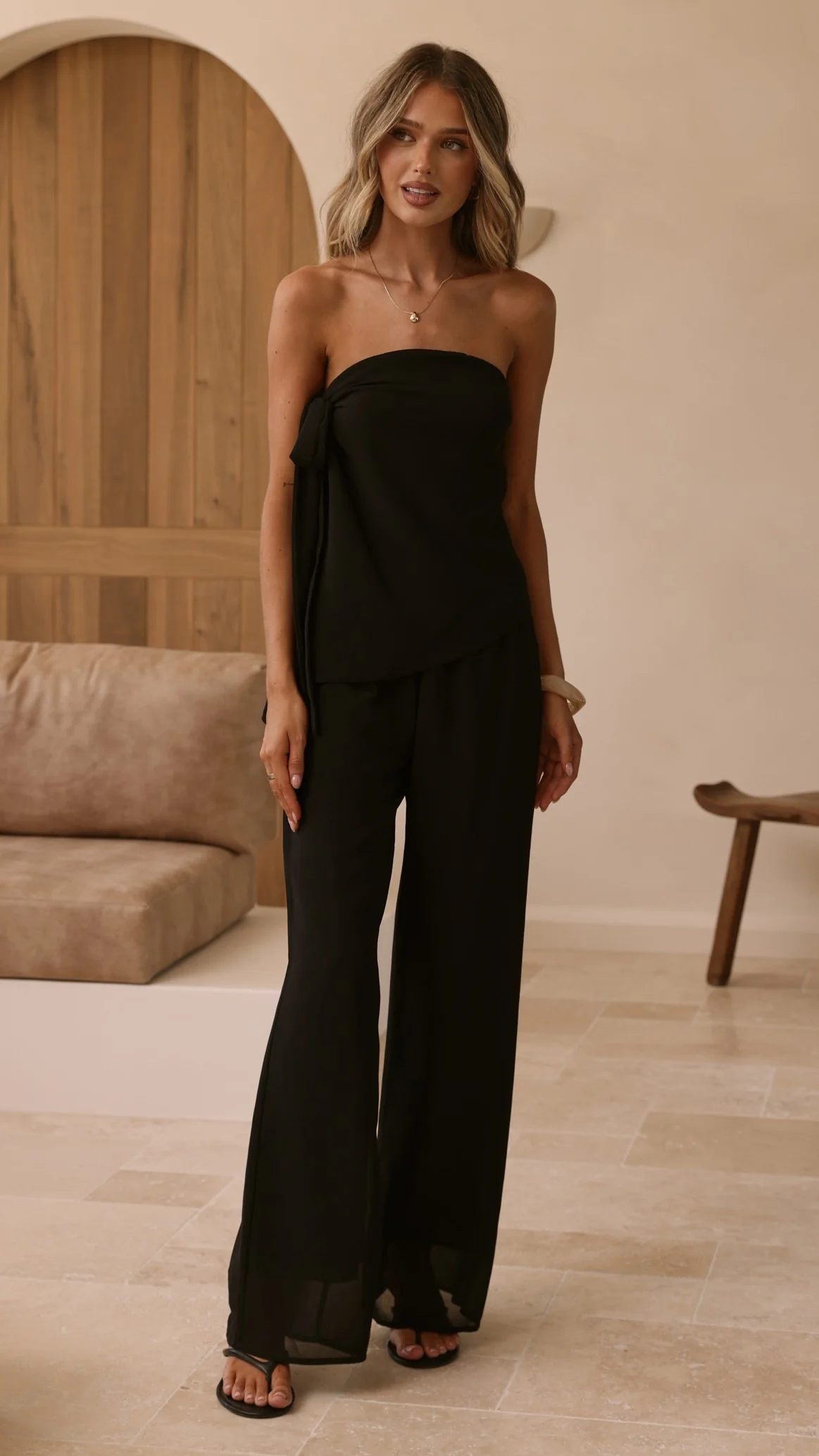 Zabrina Semi Sheer Strapless Top and Pants Set - Black