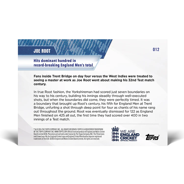 Joe Root - Hits dominant hundred in record-breaking England Men's total - 23/24 ECB TOPPS NOW® Card 12 - PR:32