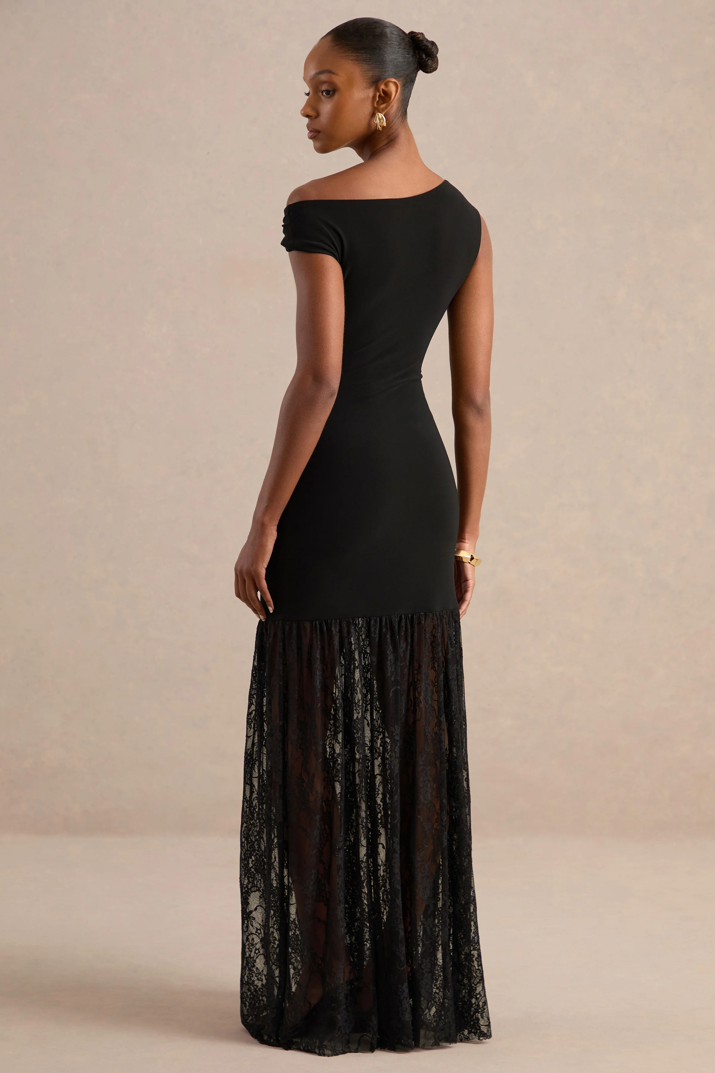 Iolana | Black Jersey One Shoulder Maxi Dress With Lace Skirt and Gold Detailing