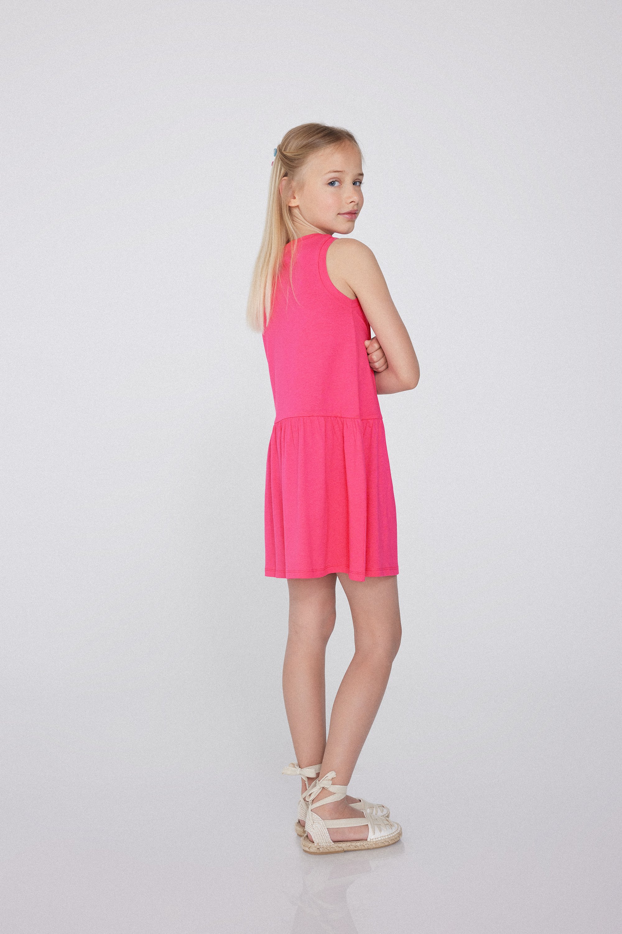 Girls’ Short Cotton Dress with Flounce and Wide Shoulder Straps